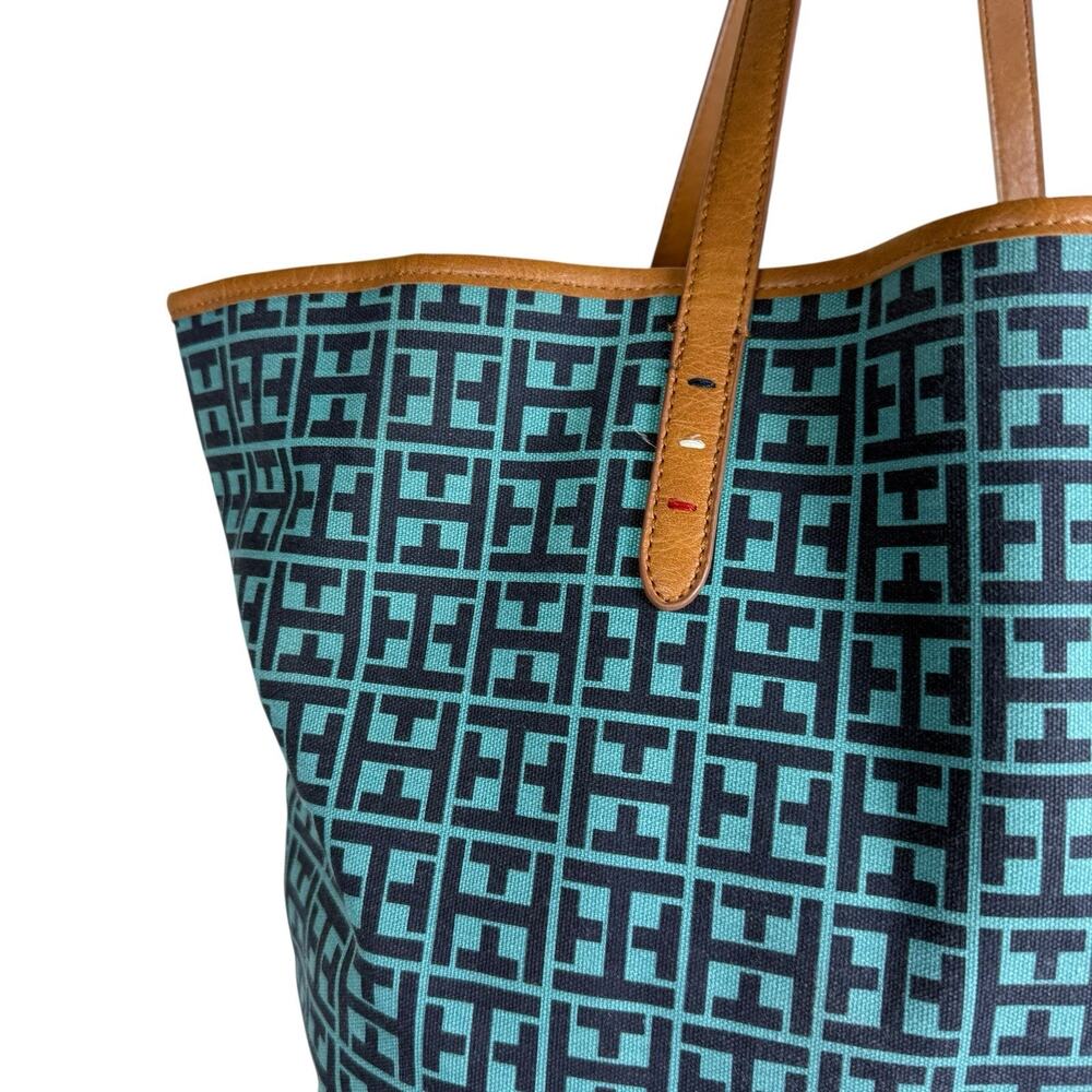 Tommy Hilfiger Bag Tote Large Blue Teal Logo Canvas Leather Preppy Resortwear - Picture 4 of 16